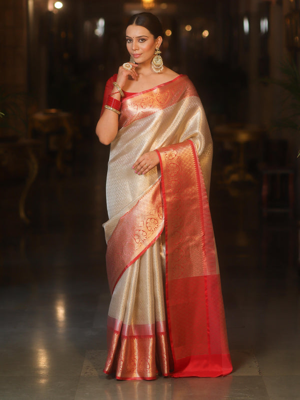 Banarasee Handwoven Tissue Saree With Zari Broad Broder-Sliver & Red