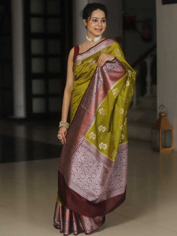 Banarasee Chiniya Katan Zari Buta & Contrast Border Saree-Olive Green & Maroon