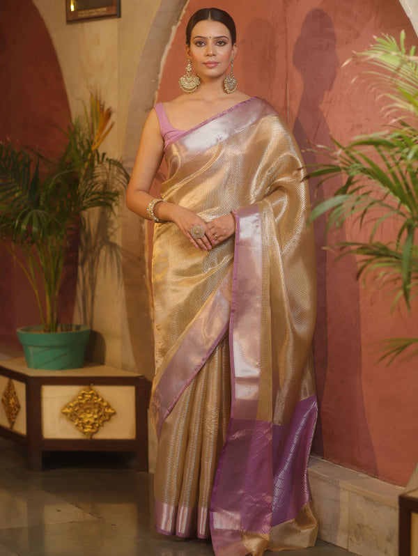 Banarasee Handwoven Tissue Saree With Zari Design & Contrast Broder-Gold & Purple