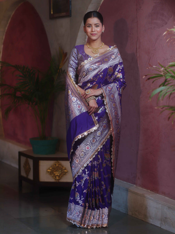 Banarasee Handwoven Semi Katan Saree With Hand Paint Zari Jaal Design & Lace-Violet