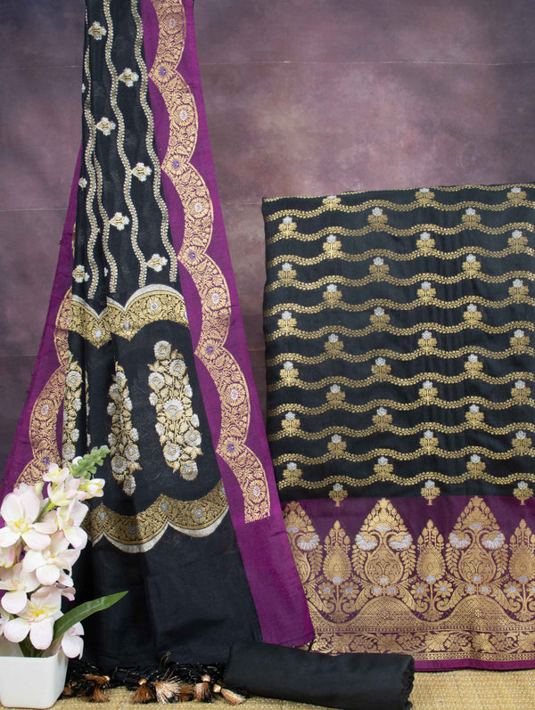 Banarasee Art Silk Zari Design Salwar Kameez With Dupatta Set-Black