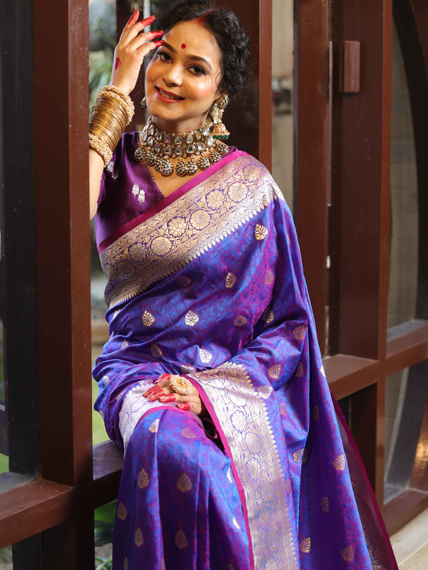 Banarasee Handwoven Semi-Katan Tanchoi Weaving Floral Border Saree-Violet