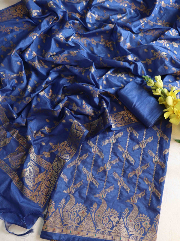Banarasee Art Silk Zari Design Salwar Kameez With Dupatta Set-Blue