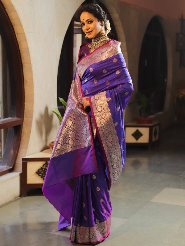 Banarasee Handwoven Semi-Katan Tanchoi Weaving Floral Border Saree-Violet