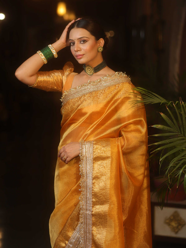 Banarasee Handwoven Plain Tissue Saree With Zari Border & Lace-Gold