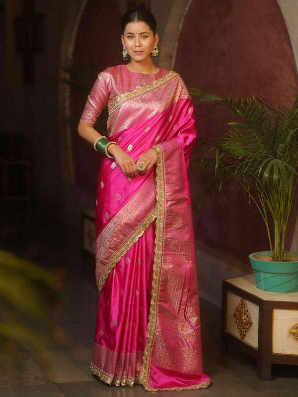 Banarasee Handloom Mashru Silk Saree Zari Border With Lace-Pink
