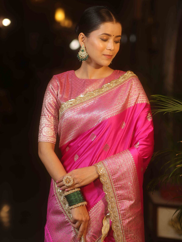 Banarasee Handloom Mashru Silk Saree Zari Border With Lace-Pink