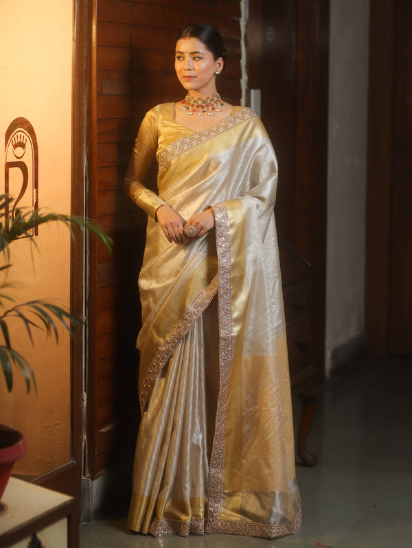 Banarasee Handwoven Tissue Saree With Zari Broder & Lace-Silver & Gold