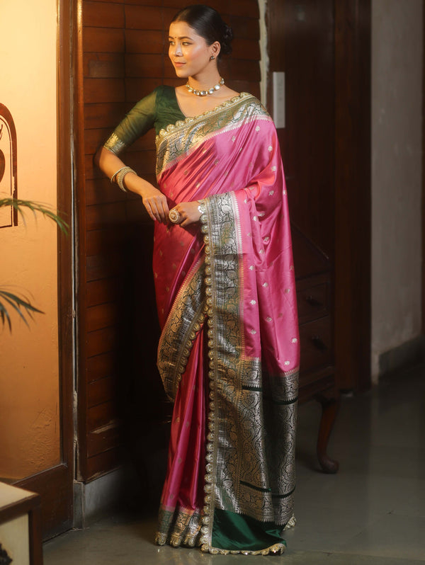 Banarasee Handloom Mashru Silk Saree With Contrast Zari Border & Lace-Onion Pink & Green