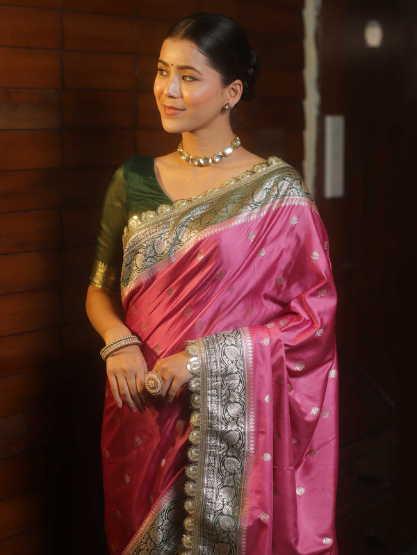 Banarasee Handloom Mashru Silk Saree With Contrast Zari Border & Lace-Onion Pink & Green