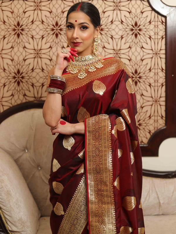 Banarasee Handwoven Semi-Katan Tanchoi Weaving Floral Border Saree-Maroon