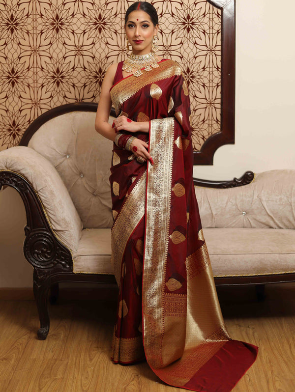 Banarasee Handwoven Semi-Katan Tanchoi Weaving Floral Border Saree-Maroon