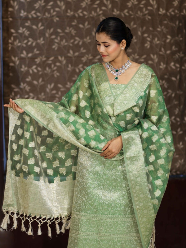 Banarasee Tissue Zari Weaving Salwar Kameez Fabric With Dupatta Set-Green