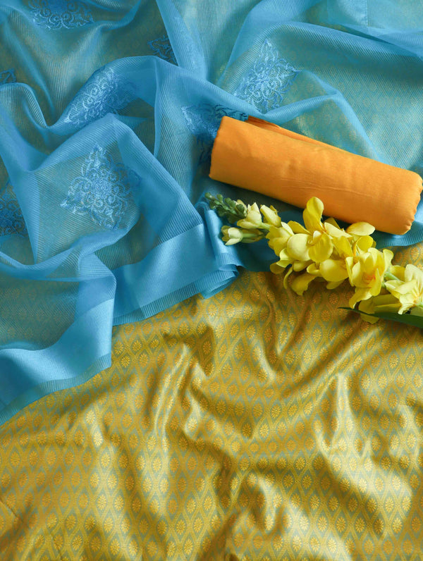 Banarasee Brocade Salwar Kameez Fabric With Cotton Silk Dupatta-Yellow & Blue