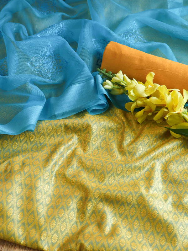 Banarasee Brocade Salwar Kameez Fabric With Cotton Silk Dupatta-Yellow & Blue