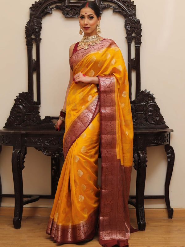 Banarasee Handloom Pure Chiniya Silk Saree With Zari Work & Contrast Border-Yellow & Brown