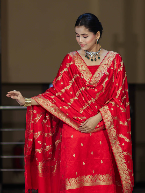 Banarasee Katan Silk Zari Work Salwar Kameez Fabric With Dupatta Set-Red