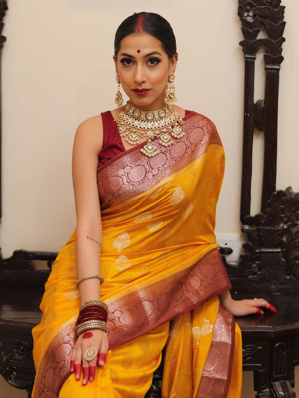 Banarasee Handloom Pure Chiniya Silk Saree With Zari Work & Contrast Border-Yellow & Brown