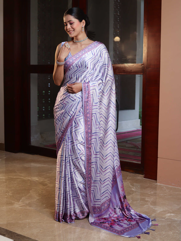 Banarasee Handwoven Satin Zigzag Printed Saree-Light Purple