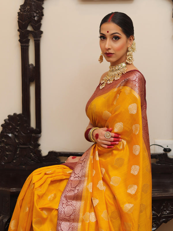 Banarasee Handloom Pure Chiniya Silk Saree With Zari Work & Contrast Border-Yellow & Brown