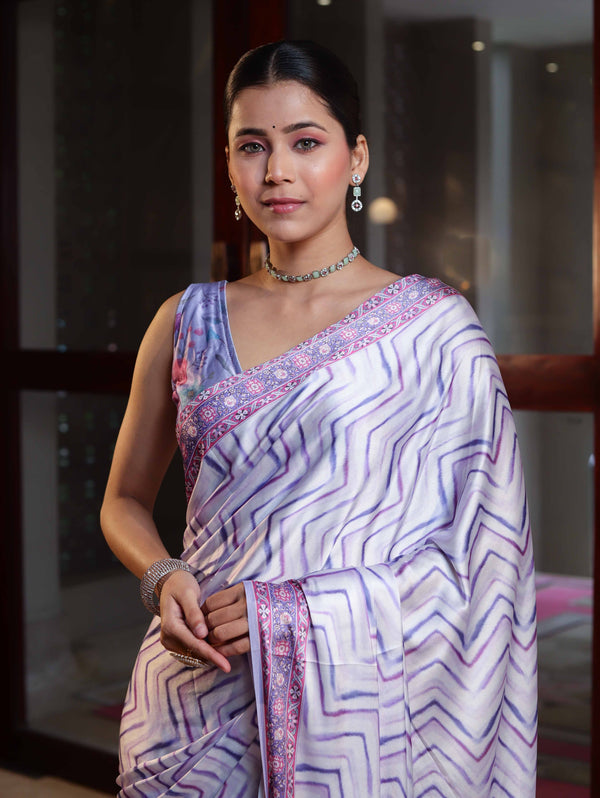 Banarasee Handwoven Satin Zigzag Printed Saree-Light Purple