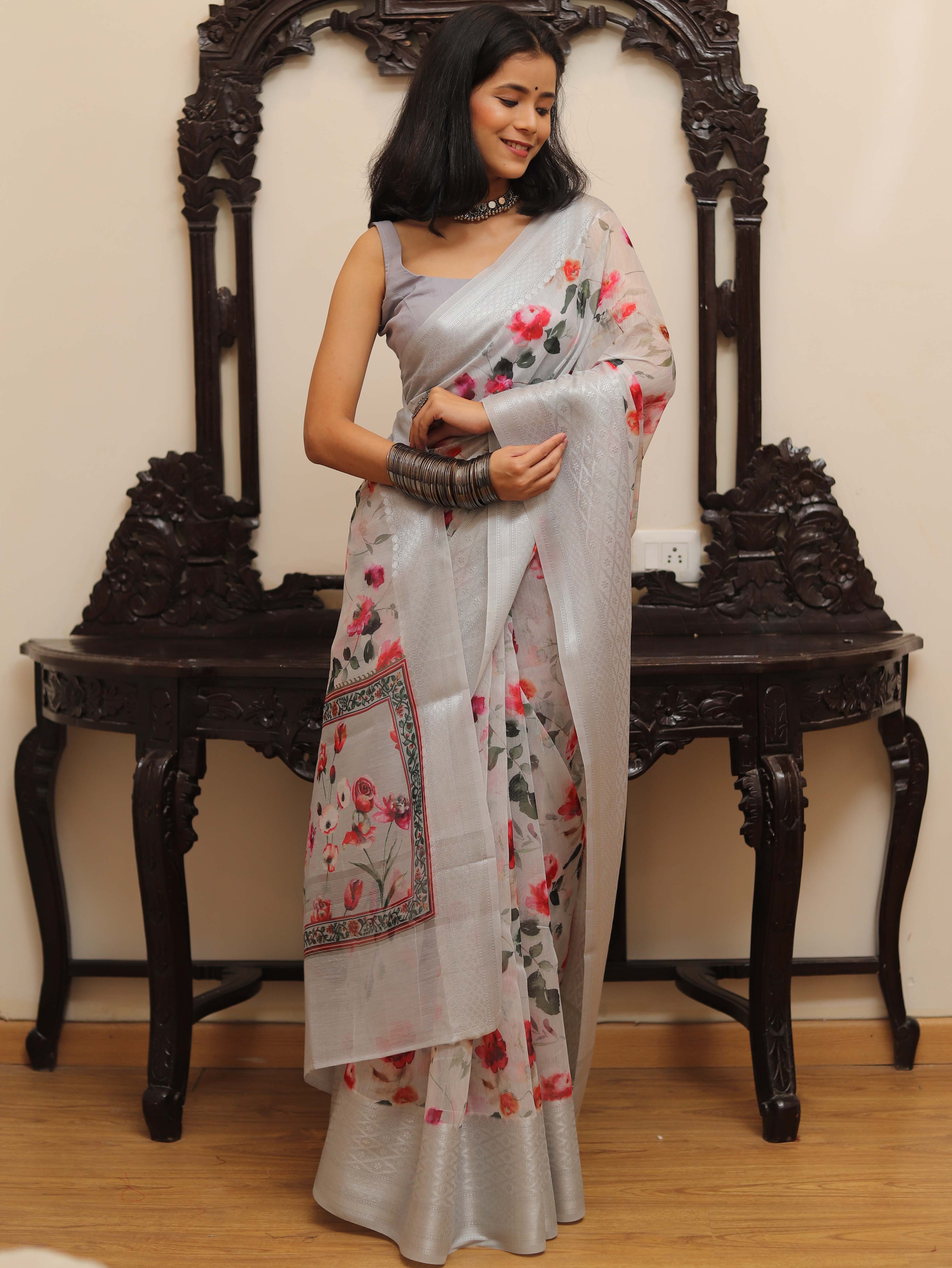 Banarasee Handloom Chanderi Digital Print Saree With Silver Zari Design-Grey
