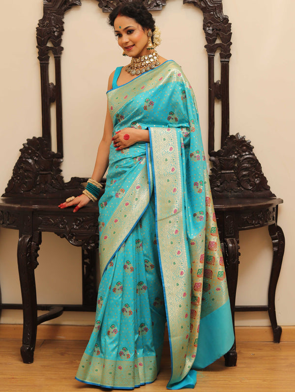 Banarasee Handwoven Semi-Katan Zari & Resham Weaving Floral Border Saree-Light Blue