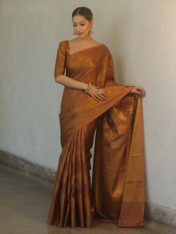 Banarasee Georgette Saree With Antiue Zari Jaal Design & Border-Brown