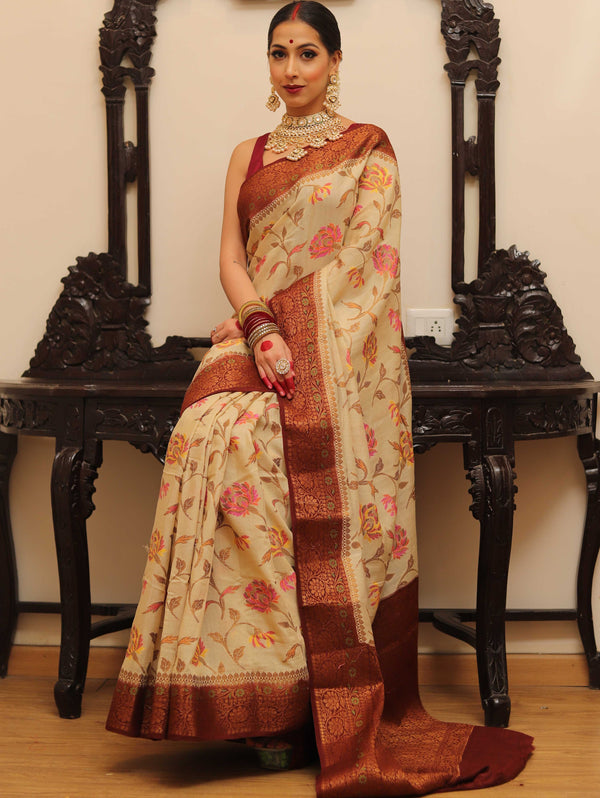 Banarasee Handloom Pure Chiniya Silk Saree With Zari & Resham Work & Contrast Border-White & Brown