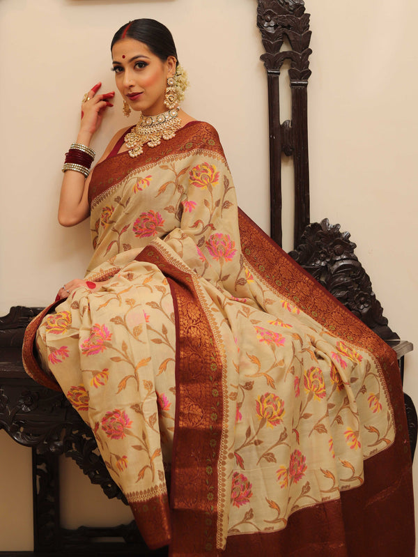 Banarasee Handloom Pure Chiniya Silk Saree With Zari & Resham Work & Contrast Border-White & Brown