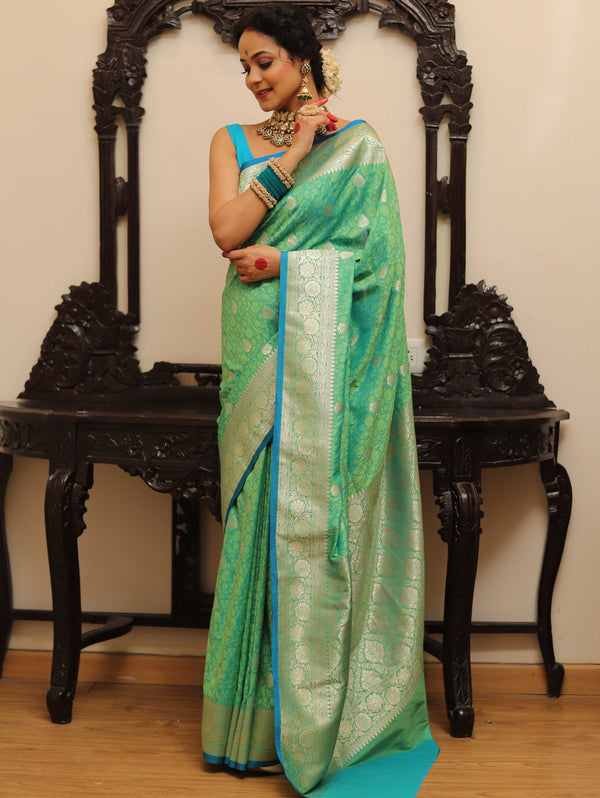 Banarasee Handwoven Semi-Katan Tanchoi Weaving Floral Border Saree-Green