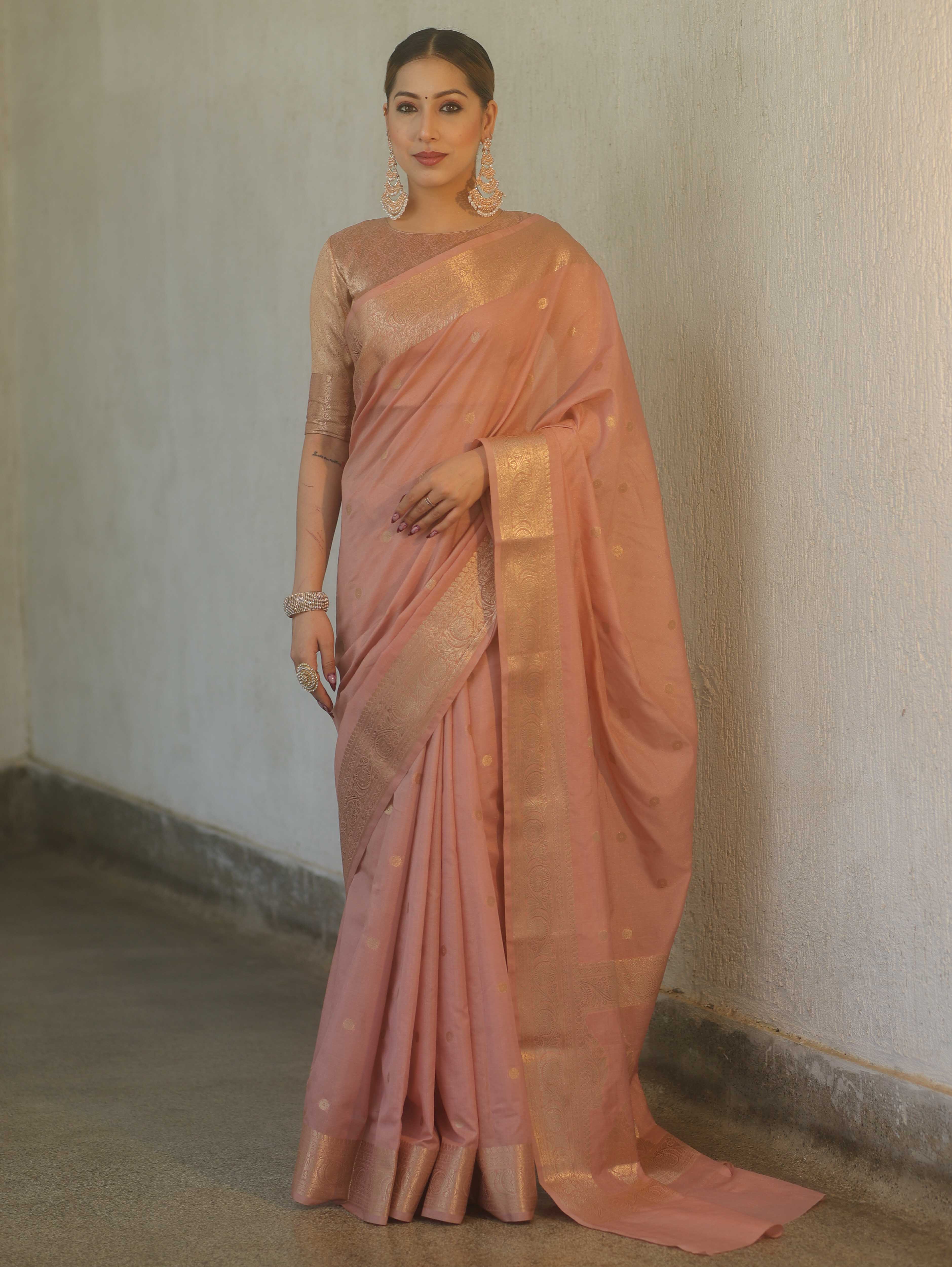 Banarasee Handwoven Semi Silk Saree With Gold Zari Buti & Border-Blush Pink