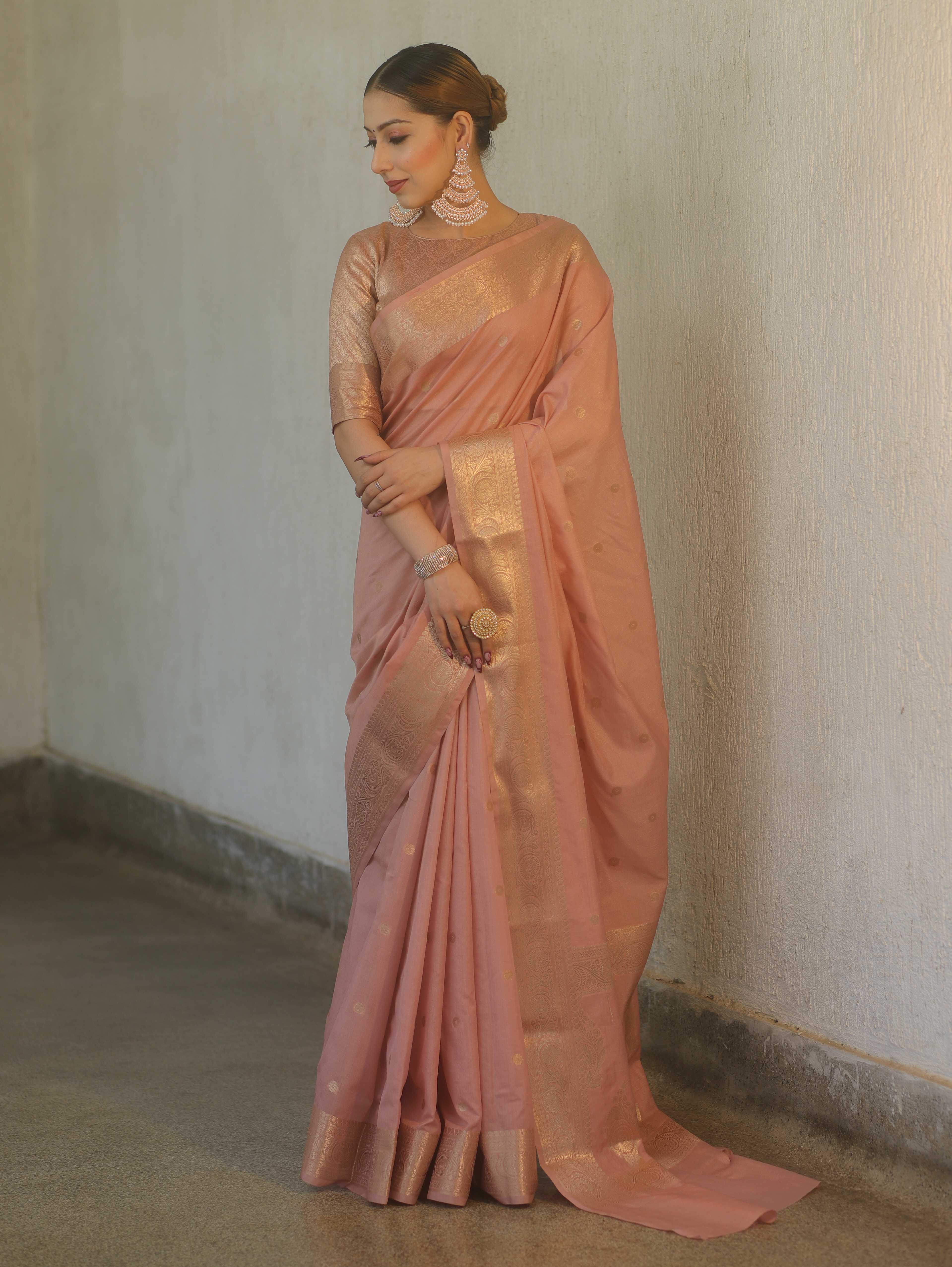 Banarasee Handwoven Semi Silk Saree With Gold Zari Buti & Border-Blush Pink