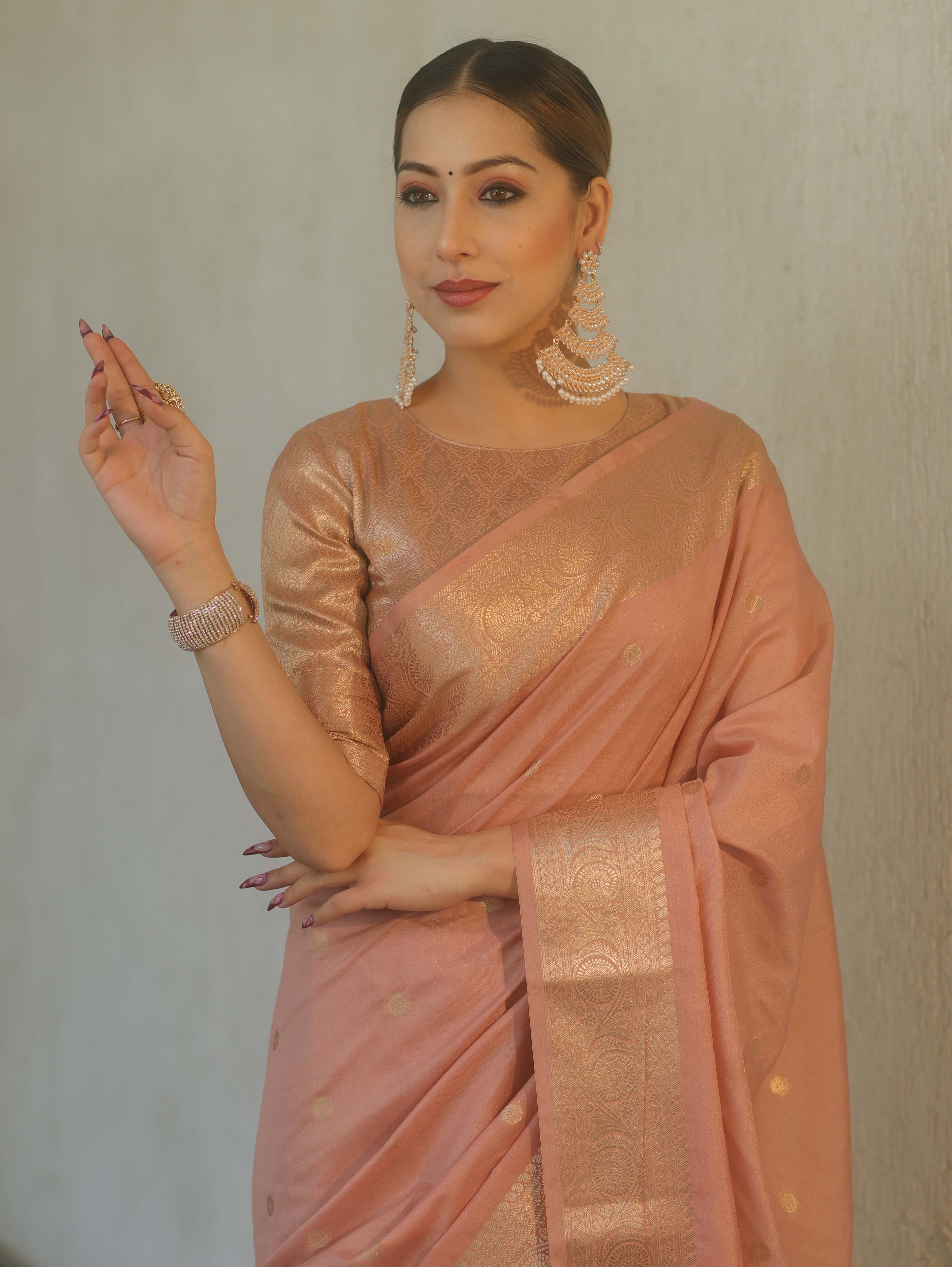 Banarasee Handwoven Semi Silk Saree With Gold Zari Buti & Border-Blush Pink