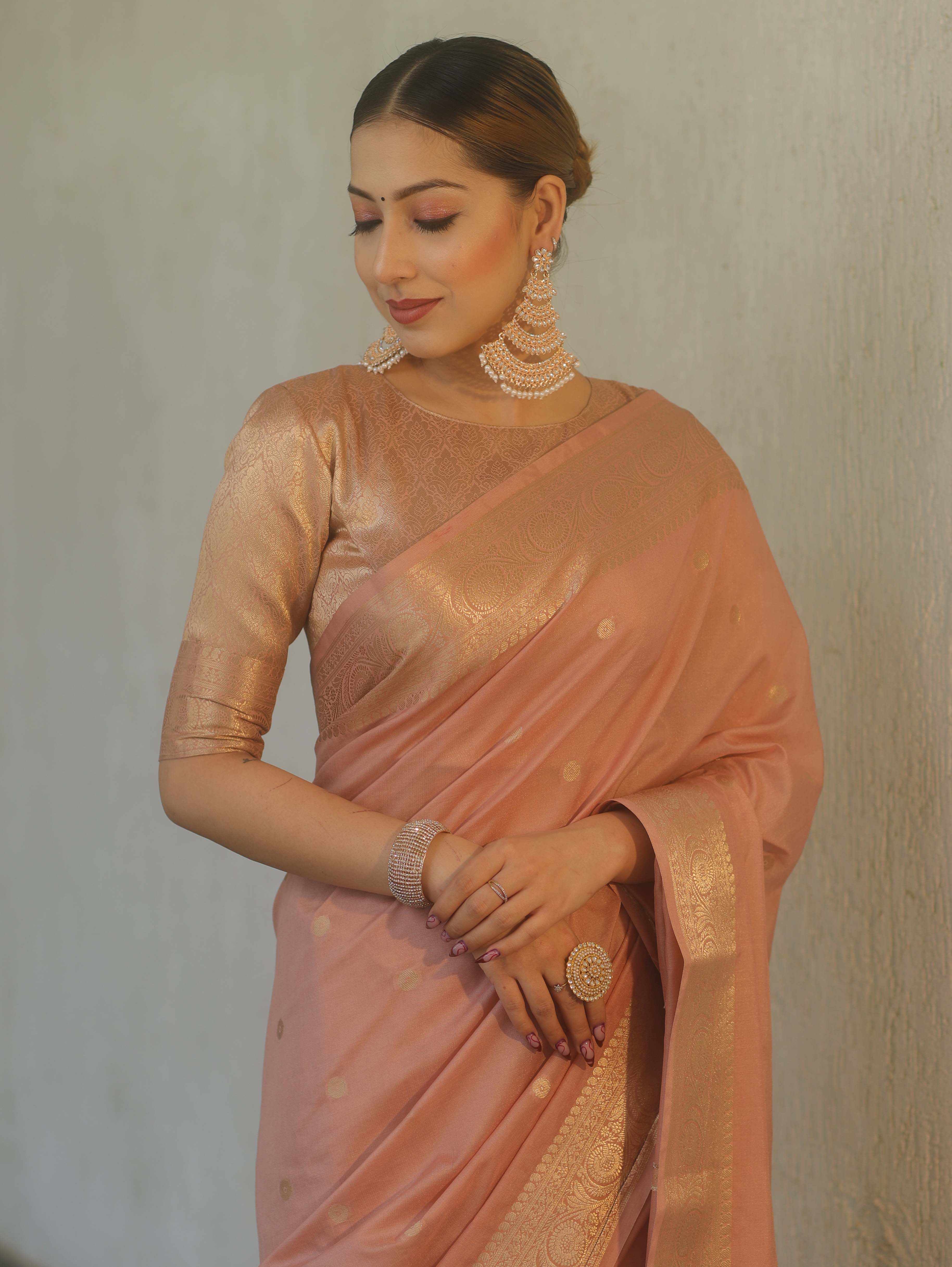 Banarasee Handwoven Semi Silk Saree With Gold Zari Buti & Border-Blush Pink