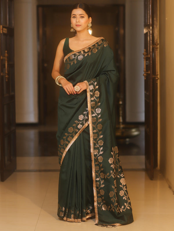Banarasee Handwoven Semi Silk Plain Saree With Zari Border & Lace-Green