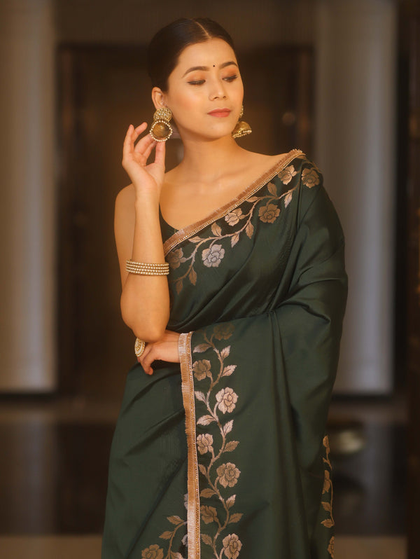 Banarasee Handwoven Semi Silk Plain Saree With Zari Border & Lace-Green