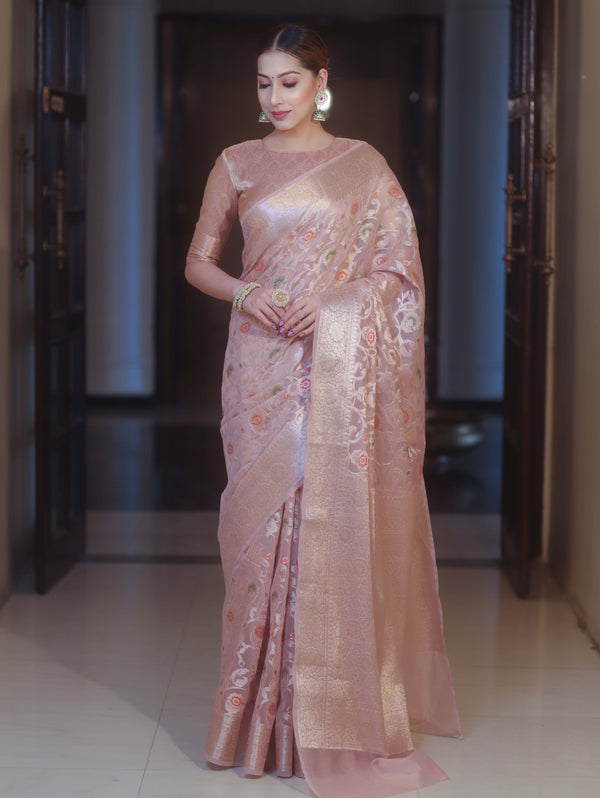 Banarasee Faux Georgette Saree With Gold Zari & Resham Jaal Work-Blush Pink