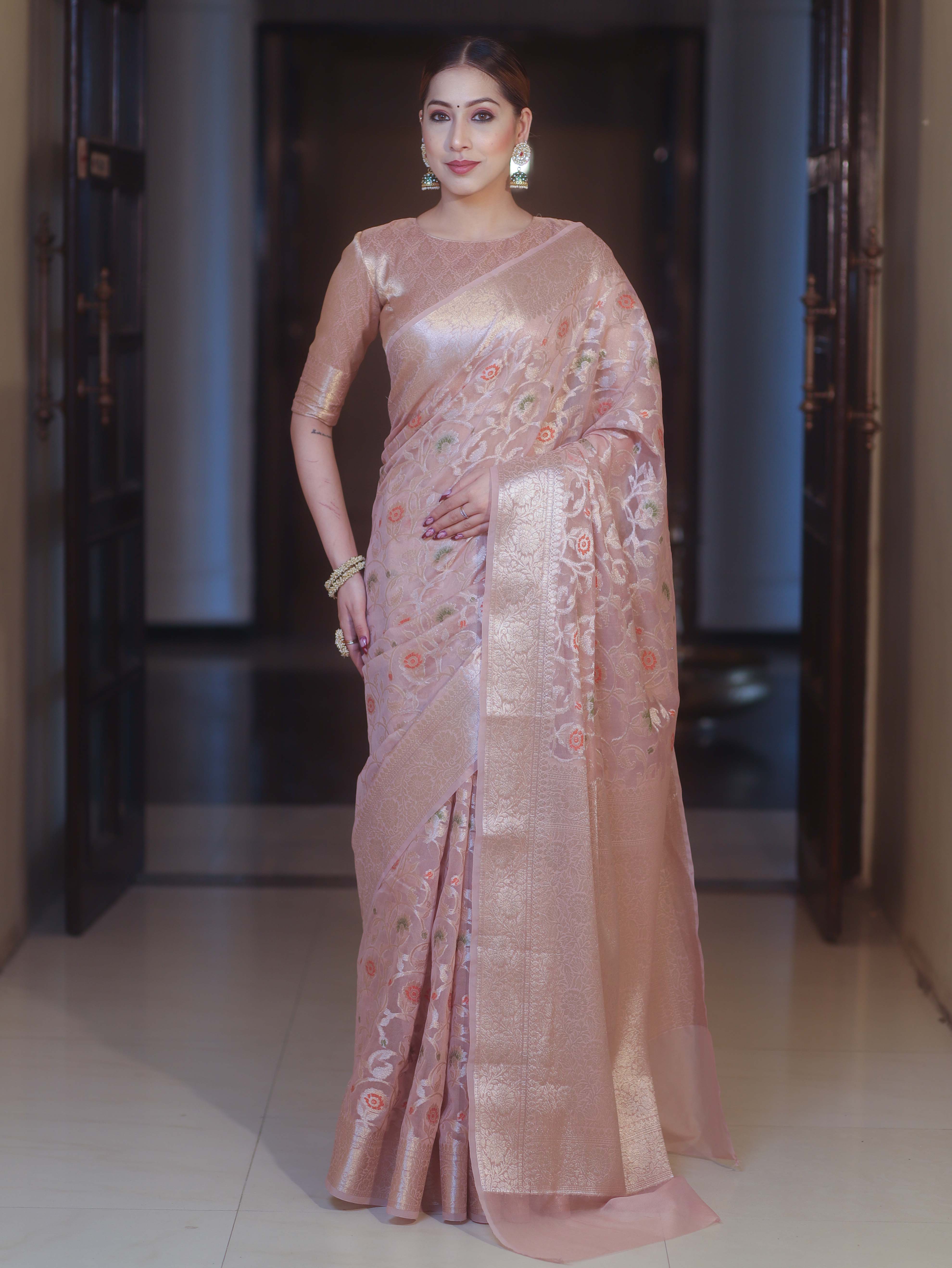 Banarasee Faux Georgette Saree With Gold Zari & Resham Jaal Work-Blush Pink