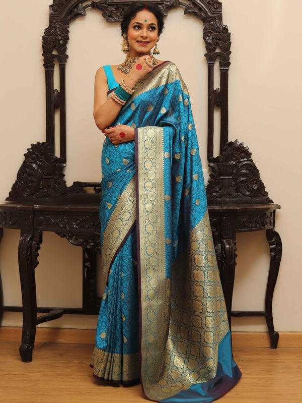 Banarasee Handwoven Semi-Katan Tanchoi Weaving Floral Border Saree-Blue