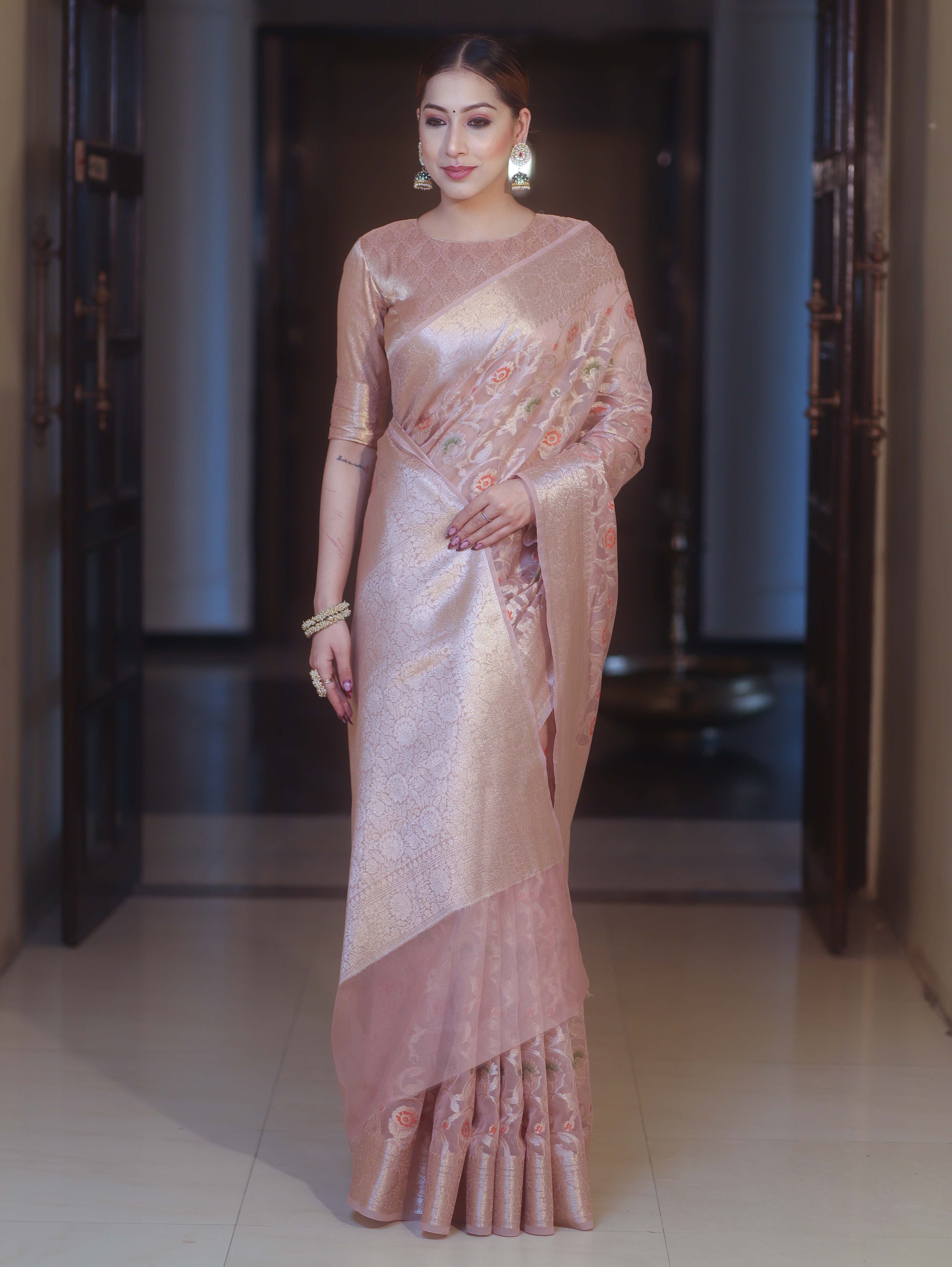 Banarasee Faux Georgette Saree With Gold Zari & Resham Jaal Work-Blush Pink
