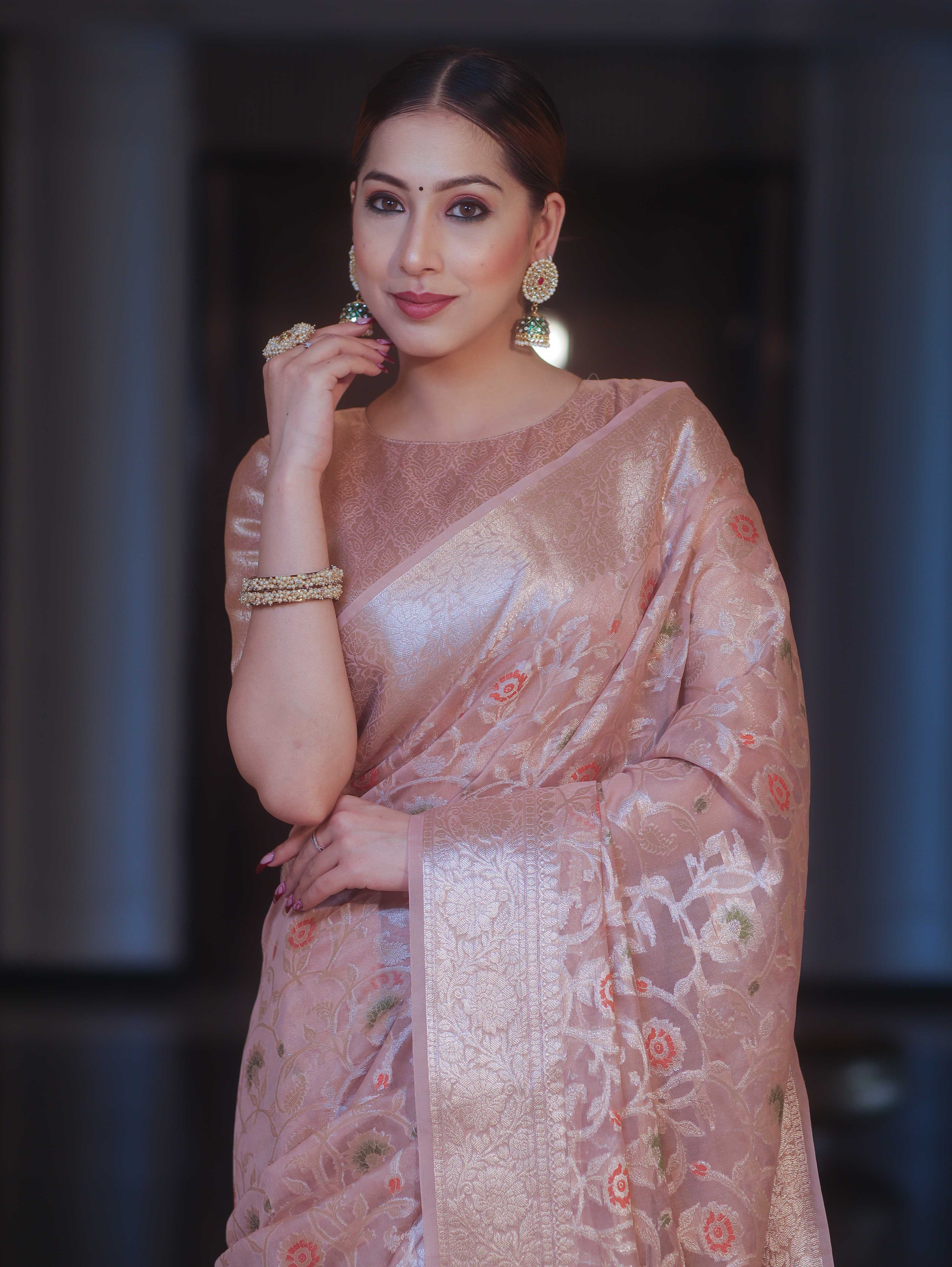 Banarasee Faux Georgette Saree With Gold Zari & Resham Jaal Work-Blush Pink