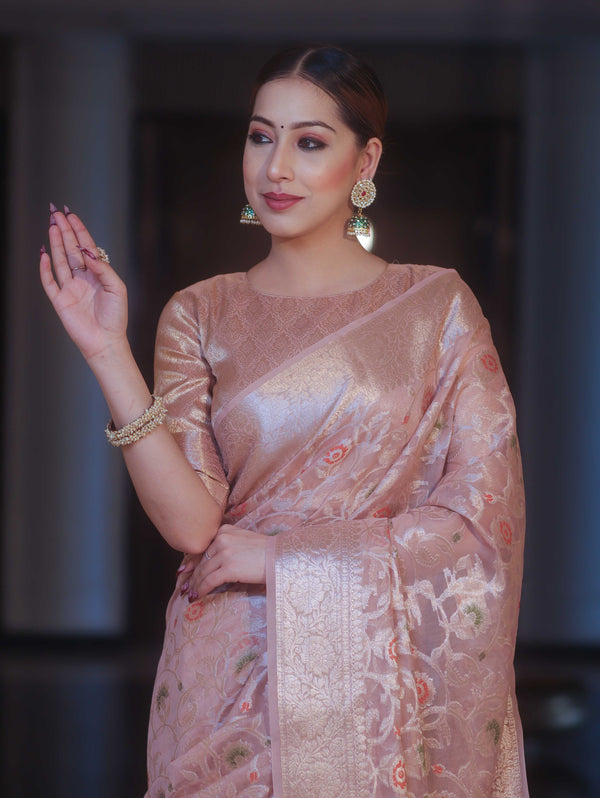 Banarasee Faux Georgette Saree With Gold Zari & Resham Jaal Work-Blush Pink
