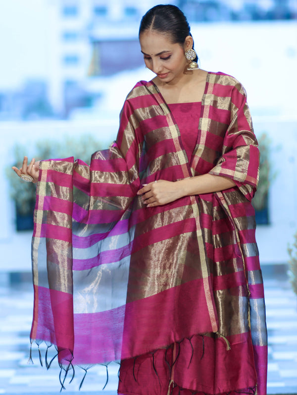 Banarasee Cotton Silk Stripe Pattern Salwar Kameez Fabric With Dupatta Set-Magenta