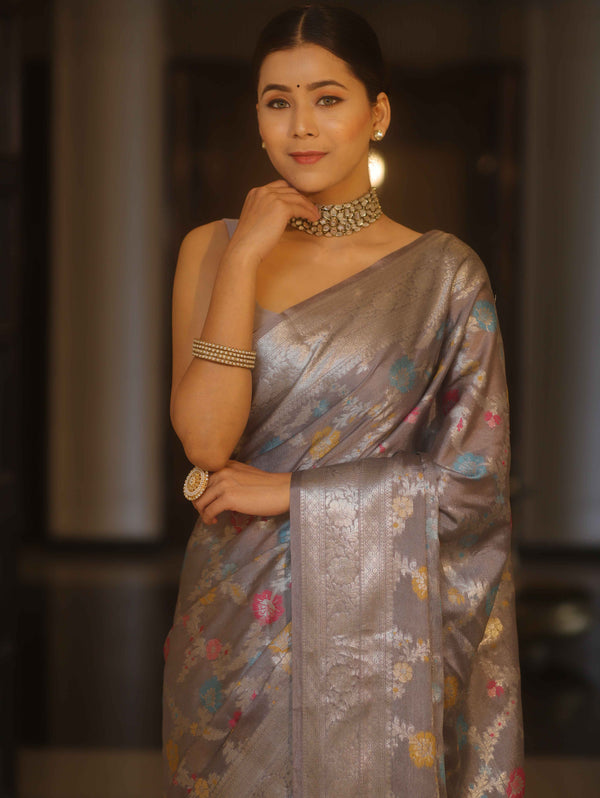 Banarasee Handwoven Semi Silk Saree With Silver Zari & Resham Jaal Design-Grey