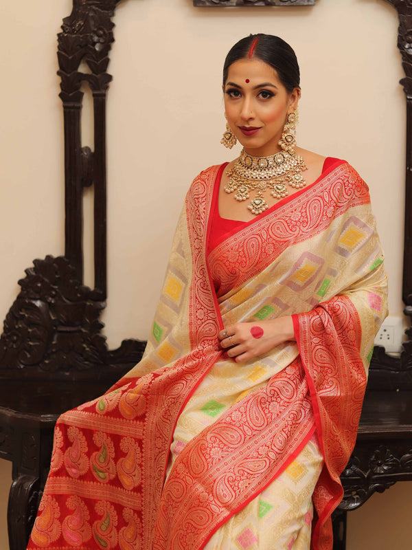 Banarasee Faux Georgette Saree With Gold Zari & Resham Jaal Work-White & Red