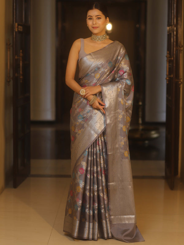 Banarasee Handwoven Semi Silk Saree With Silver Zari & Resham Jaal Design-Grey
