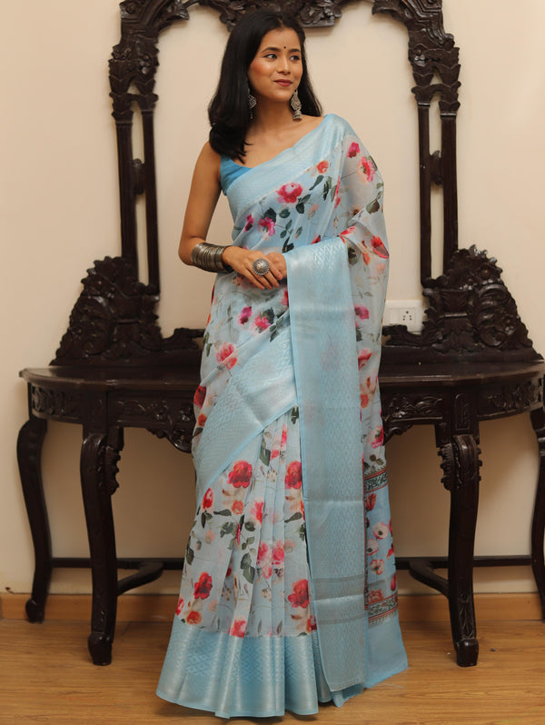 Banarasee Handloom Chanderi Digital Print Saree With Silver Zari Design-Blue