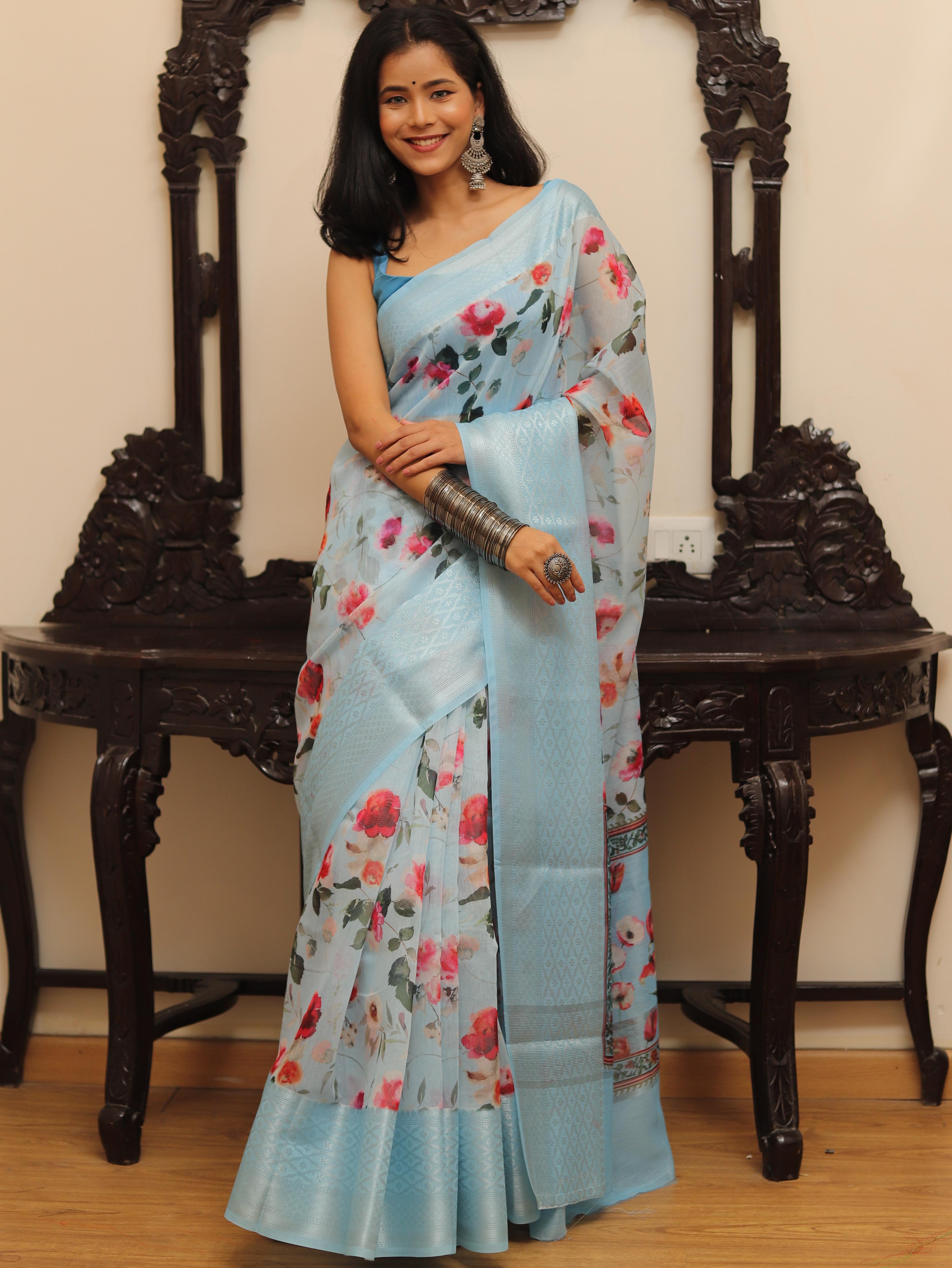 Banarasee Handloom Chanderi Digital Print Saree With Silver Zari Design-Blue