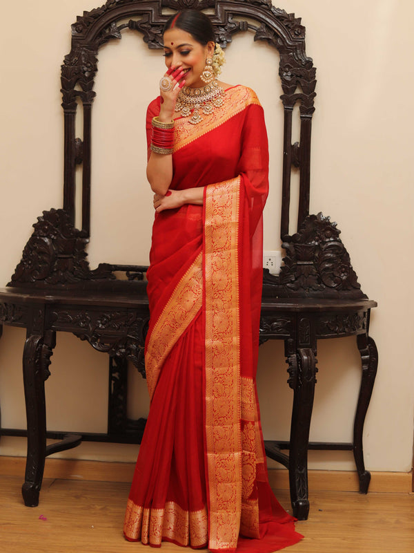 Banarasee Chiffon Floral Zari Border Saree-Red